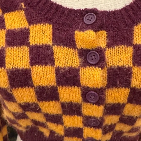 Zara Checkerboard Cropped Cardigan | Size Small | Maroon & Mustard - Picture 6 of 13